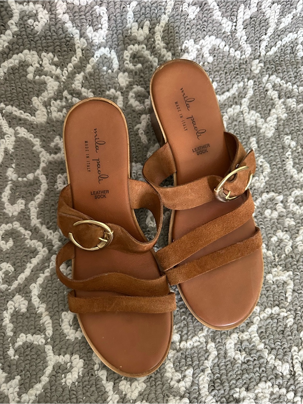 Mila Paoli Tan Suede Slide Sandals with Gold Buckles